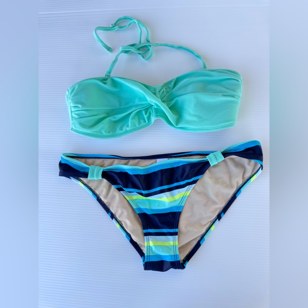 GAP Women Bikini Set Aqua Bandeau Top & Striped Bottom Sz S EXCELLENT CONDITION